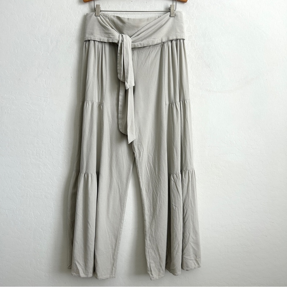 Happily Grey Pants XL Wide Leg Palazzo Tiered Tie Waist Linen Blend Oatmeal - Picture 2 of 11